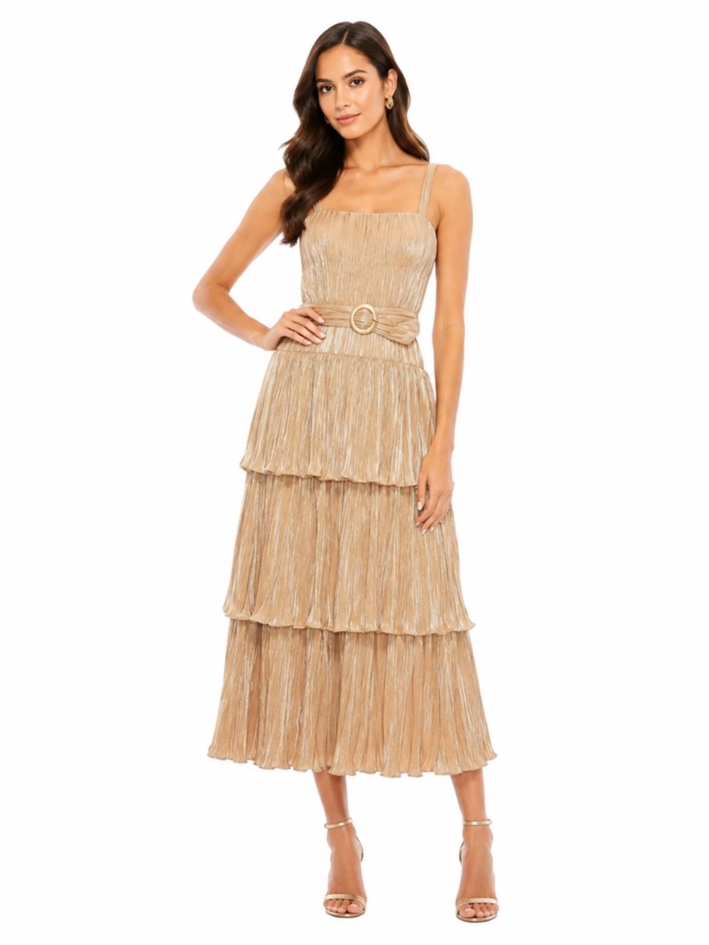 Mac Duggal -‎  Gold Ruffle Tiered Buckle Detail Dress